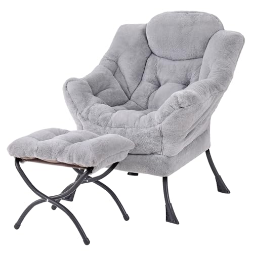 Image of Tiita Lazy Chair with Ottoman, Light Grey Modern Large Accent Armchair, Comfy Leisure Sofa Reading Chair with Footrest for Bedroom, Living Room, Dorm Rooms, Garden, Plush Light Grey