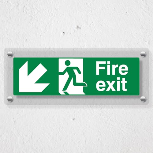 V Safety Fire Exit Arrow Down Left - 300 x 100 mm - Acrylic Perspex Cast Clear Safety Sign, Green