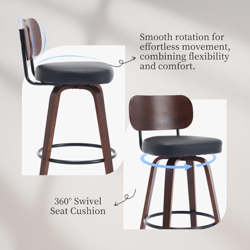 Image of Shenyon Counter Stools Set of 4, 26 inch Swivel Counter Height Bar Stools with Walnut Back,Upholstered PU Leather, Bentwood Legs, Mid Century Modern Bar Chairs for Kitchen Island, Black