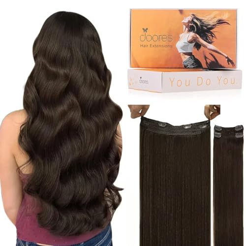 Image of DOORES Wire Hair Extensions, Light Dark Brown 20 Inch 110g Fish Line Weft Extensions and 2pcs 30g Clip ins, 140g Invisible Wire Real Remy Human Weft Straight Transparent Seamless Hairpiece