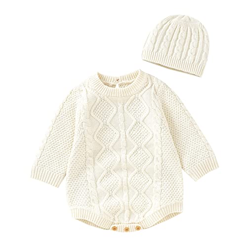 Baby Sweatshirt Romper Newborn Infant Knit Romper Long Sleeve Sweater Clothes Bodysuit with Hat (Beige, 12-18 Months)