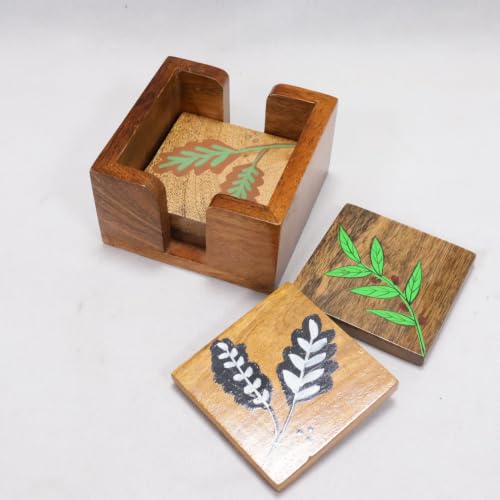 Image of Saras Aajeevika 4 Pc Set of Handmade Wooden Sqajure Curved Coaster /Coster with Holder for Kitchen Decor Handpainted Floral Design Hot Pots, Tea Cups, Coffee Mugs, Glasses Coaster Sets