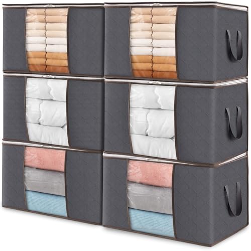 Lifewit 60L Aufbewahrungstasche Groß, Faltbare Kleideraufbewahrung 6 Stück | Aufbewahrungsbox mit Deckel, Umzugskartons, Kleiderschrank für Bettdecken, Kleidung, Unterbett, Kleider