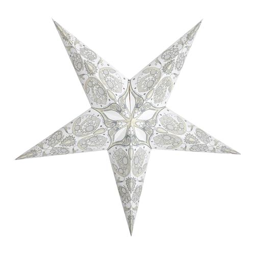 GalaxyArts Paper Star Lantern, 24 Inch Maharani White 3D 5-Point Light-Up Hanging Lamp, Handcrafted Hollow Decoration for Christmas, Weddings, Holidays, Birthday, Indoor Outdoor Party Home Décor
