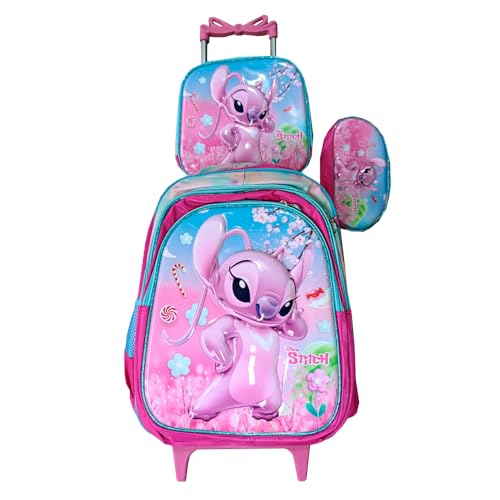 Kit Mochila Stitch 3D com Rodinhas + Lancheira Térmica + Estojo Escolar