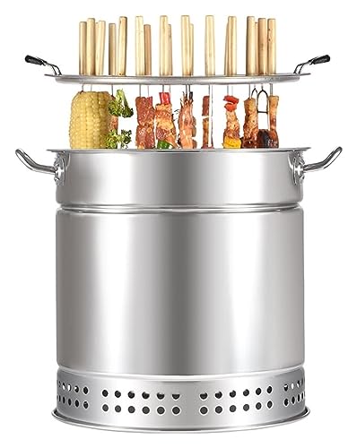 KUOYTT Barril ahumador de carbón para Barbacoa, Parrilla de Barbacoa de Acero Inoxidable, Barril de Malla con 20 brochetas, Cesta para Asar con Ruedas, Rejilla para Barbacoa de Camping pa