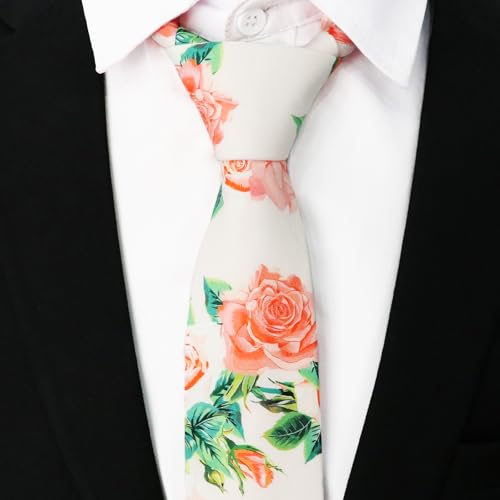 Image of Cotton Floral Ties for Men 2.76 inch Men's Skinny Tie Linen Flower Printed Neck Tie for Wedding Dating Party