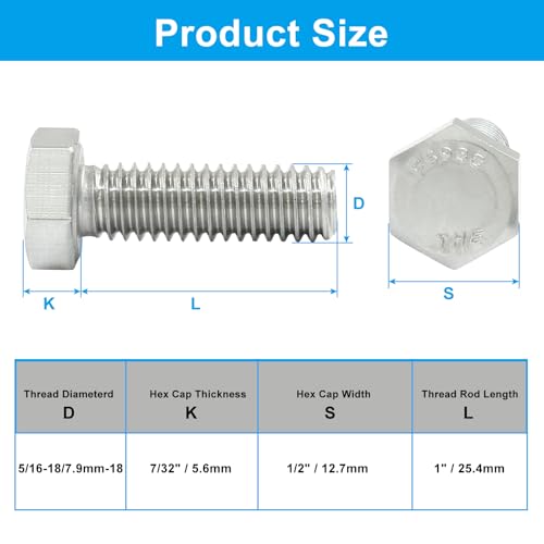 Image of 5 /16-18 x 1 Hex Head Screw Blot 304 Stainless Steel Hex Bolts, Steel Fully Threaded Hex Tap Bolts Fastener Silver 15Pcs