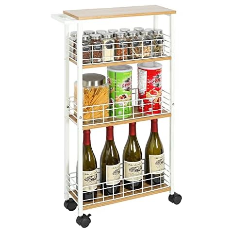 Carro de almacenamiento delgado LUMAMU con ruedas deslizables y estantes de madera para espacios estrechos de cocina Cover
