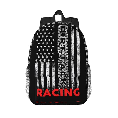 Dirt Track Racing American Flag Backpack 15 Inch Laptop Backpacks Casual Daypack Travel Rucksack Sport Backpack Adjustable Straps Work Bags for Gym Camping Hiking
