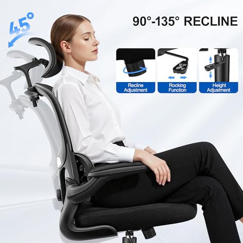 ALLGOD Ergonomic Office Chair, Mesh Desk Chair with Lumbar Support, High Back Home Office Chair with Adjustable Headrest and Flip-Up Arms, Comfortable Computer Chair, Thick Cushion, 300 LBS, Black by ALLGOD - Image 6