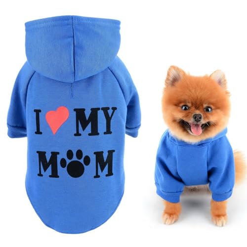 SMALLLEE_LUCKY_STORE Felpa con cappuccio per cani di taglia piccola e media, felpa con lettera I Love My Mom e foro per guinzaglio, maglione primaverile autunno Chihuahua Yorkie Cat Apparel, blu