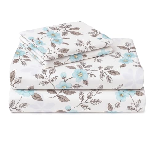 Image of SANMARINO 210TC Cotton King Size Bedsheet with 2 Pillow Covers | Premium Floral Print Design Flatsheet |Ultra Soft Breathable Skin Friendly Bedding Set for All Season Use 90 x 100 Inch,Aqua Grey