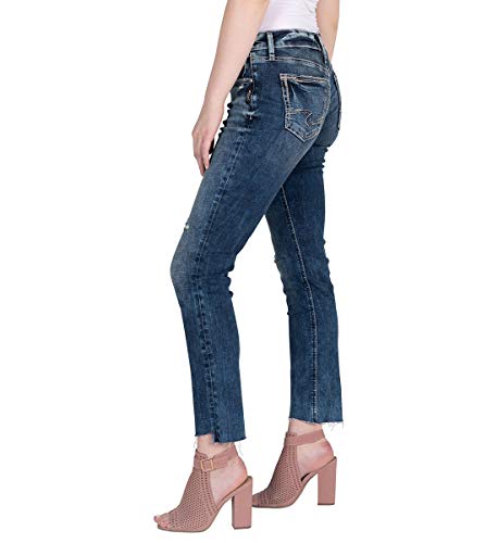 Silver Jeans Co. Women's Suki Curvy Fit Mid Rise Straight Leg Jeans, Power Stretch Dark Wash Indigo, 26W x 31L