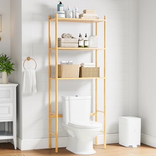 QSN SILK LU 3 Tier Over The Toilet Organizer Rack Bamboo Freestanding Bathroom Toilet Storage Shelf Space Saving and Easy to Install Adjustable Feet Adjustable Bottom Rod