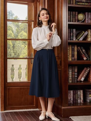 Belle Poque Women Vintage Pleated Skirt with Pockets A Line Midi High Elastic Waist Flared Skirt for Office Daily4