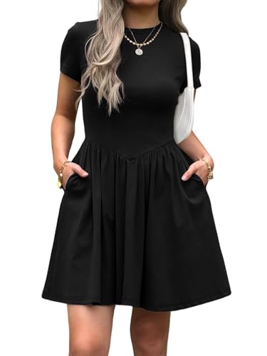 Womens Summer T Shirt Dress Short Sleeve Casual Mini Dresses Drop Waist Swing A Line Dress with Pockets