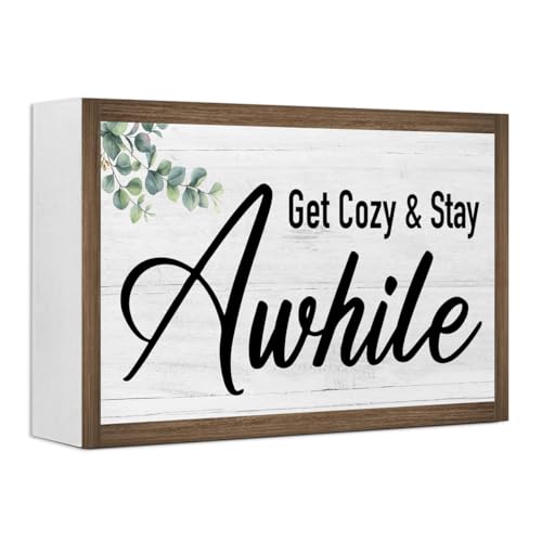 Get Cozy And Stay Awhile Wooden Box Sign Desk Decor,Rustic Family Saying Wood Block Sign for Home Farmhouse Bedroom Shelf Tabletop Wall Decor