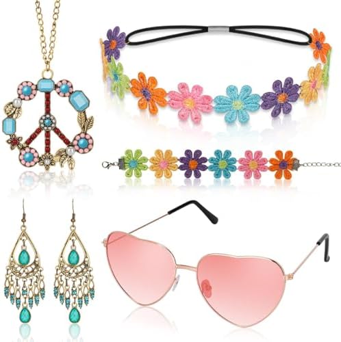 Alintor Hippie Accessoires für Schlagermove Outfit Damen, 5 Stück Hippie Kostüm Damen Accessoires, Flower Power Zubehör für 70er Jahre Bekleidung, Peace Kette, Brille