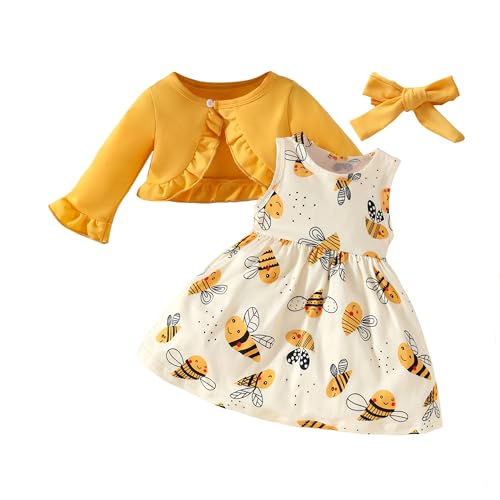 Miipat Vestidos para Bebés Niña Conjunto de Ropa para Bebé Niña Otoño e Invierno de 2 Piezas Vestido Sin Mangas con y Cardigan Manga Larga para Niñas (Amarillo 2 3 Años)