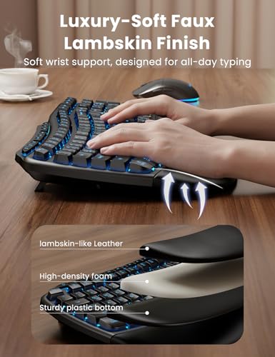 Image of SABLUTE Ergonomic Wireless Keyboard and Mouse Combo, Rechargeable 4000mAh Backlit Keyboard with Soft Faux Lambskin Palm Rest, Wave Keys for Natural Typing, Compatible with Windows /Mac /Chrome OS