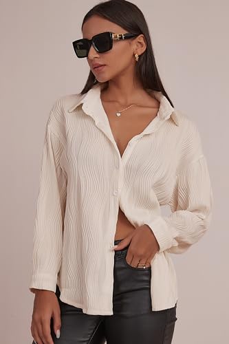 CHYRII Womens Textured Button Down Long Sleeve Shirt Casual Work Office Blouse Top4