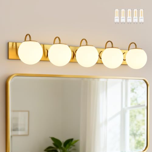 Image of Vintage Brushed Gold Bathroom Vanity Light Fixtures Over Mirror 5 Lights