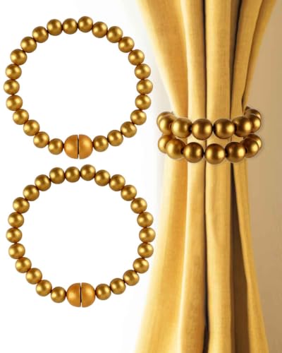 Magnetic Curtain Tiebacks: Boho Curtain Holdbacks Wooden Bead Drape Ties Farmhouse Curtain Ties for Home Bedroom Office Decorative Curtain (2, Gold)