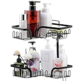 Joqixon Duschablage ohne Bohren Edelstahl, Duschablage Ecke Duschregal Schwarz mit 15 Haken, Duschkorb Eckregal mit Rasiererhalter Seifenhalter für Badezimmer, Shampoo Halterung für Dusche, 2 Stück
