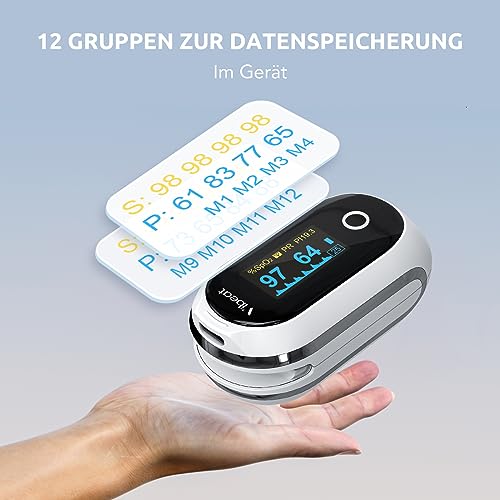 Vibeat Bluetooth Pulsoximeter mit 12 Offline-Daten, Wiederaufladbare Sauerstoffsättigung Messgerät Finger, Kontinuierlicher Überwachung Pulsoximeter Fingeroximeter, bequem Herzfrequenzmonitor mit APP