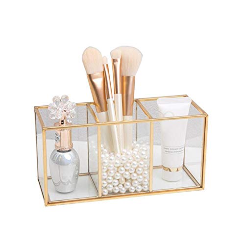 Make Up Pinsel Halter | Schminkpinsel Behälter | Kosmetik Organizer Pinsel Becher | Glas Make-up Pinsel Aufbewahrungskiste | Luxus Kosmetik Aufbewahrungsbox | Gold 18 x 7 x 9 cm