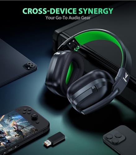 Image of Vakedy Wireless Gaming Headset for PS5, PC, PS4, Switch, Mac, 2.4GHz USB Dongle & Bluetooth 5.3 Over Ear Headphones with Noise Canceling Mic, 50mm Dynamic Driver, 50H Battery (Black /Green)
