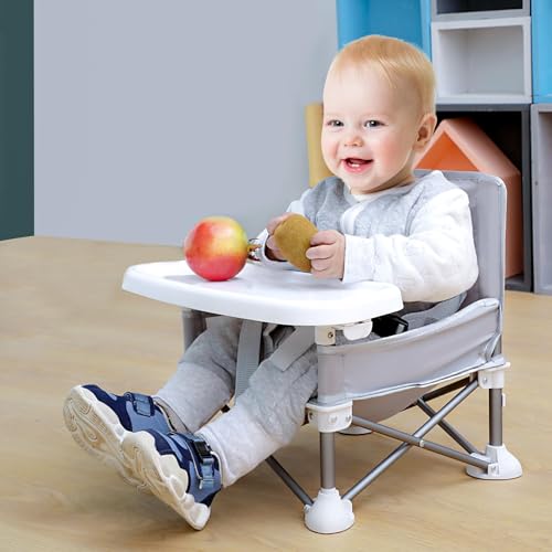 FEELING MALL Travel Booster Seat with Tray for Baby | Folding Portable Baby Booster Seat for Dining Table, Camping, Beach, Grandma’s | Tip-Free Design Straps to Kitchen Chairs - Travel Booster Chair