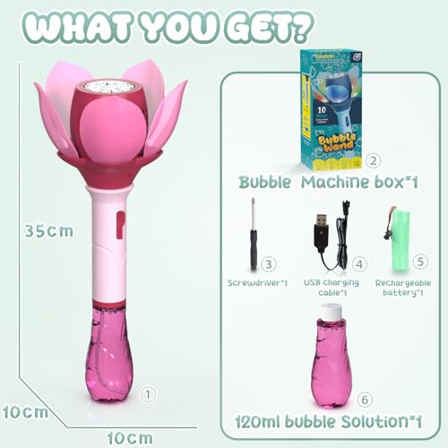 PANACARE Blumen Seifenblasenstab, Elektronische Seifenblasenmaschine Kinder mit Seifenblasenlösung/Akku/Licht, Bubble Machine Maker 10000+ Blasen Geschenk/Geburtstag/Party/Hochzeit (Pink)