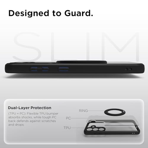 Image of RIGGEAR Shockproof Sleek Hybrid Armor 360 Rotating Magnetic Ring Stand Back Cover Case Compatible with MagSafe Accessories for Samsung Galaxy S25 (Clear PC + Black TPU Bumper)