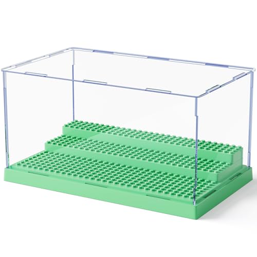 Image of Mlikero Display Case for Minifigures Action Figures Blocks, Clear Acrylic Minifigure Display Case Box Storage, Dustproof Showcase with 3 Movable Steps Gift for Kids, Green