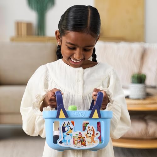 Image of Bluey Shopping Basket, 9 Grocery Accessories, Toddler Pretend Play