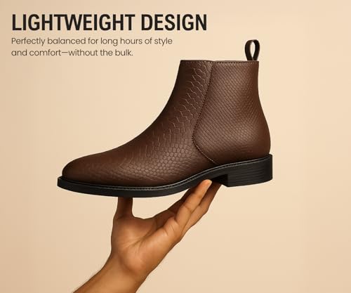 كرااسا حذاء تشيلسي من الجلد النباتي للرجال من اوريون اكس - حذاء كلاسيكي بطول الكاحل بمقدمة مدببة مع لمسة نهائية نسيجية | حذاء كاجوال رسمي وذكي، بني، مقاس 41.5 EU