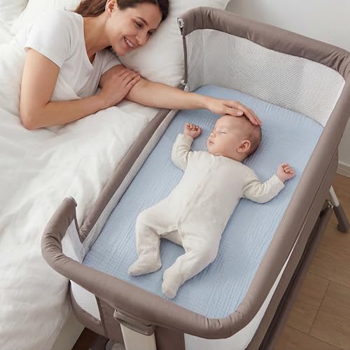 Image of Muslin Bassinet Sheet Compatible with Mika Micky & Baby Delight Bedside Sleeper - 100% Cotton Rectangular Mattress Pad Cover (35 inchx20 inch), Breathable & Soft, Boho (1 Pack Blue)