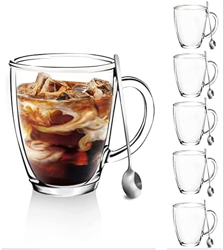 [6 PACK,12 OZ] DESIGN•MASTER Premium Glass Coffee Mugs with Spoons. Transparent Tea Glasses for Hot/Cold Beverages, Perfect Design for Americano, Cappuccino, Tea and Beverage.