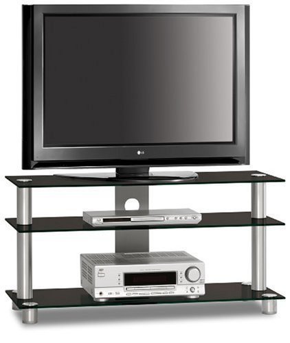 Ruote doppie incluse. Just-Rack TV 1053 - Mobile universale in vetro di alluminio nero per TV e dispositivi audio