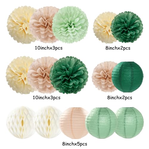 Image of Sage-Olive Green Party-Decorations Paper-Flowers Lanterns - 15PCS Safari Boho Birthday Rustic Tissue Pom Poms Streamers, Baby Shower Neutral Garden Wedding Graduation Hanging Supplies Decor Hugfond