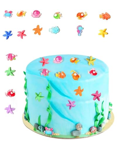 FUGLUS 16pcs Deco Miniature de Plage, Animaux Marins Décoration de Gâteau étoile de mer Poisson Tropical Poisson Clown Résine DIY Accessoires Toppers Gâteau, Soirée à Thème Hawaïenne Anniversaire