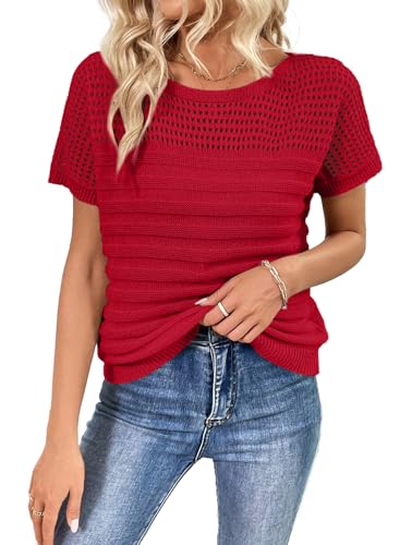 Image of SHEWIN Womens Sweaters Crew Neck Short Sleeve Shirts Summer Tops Knit Hollow Out T Shirts Sweater Blouses