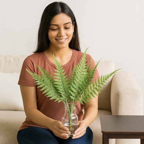 Image of SATYAM KRAFT Polyvinyl Chloride 1 Pcs Artificial Flower Fern Bunch Leaves,Faux Green Plant for Home,Balcony,Office,Bedroom,Living Room,Table,Wedding Decorations,(Without Vase)(Pack of 1)(Green)