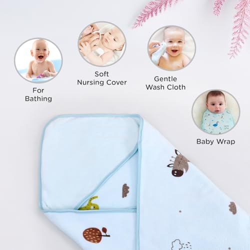 Image of Mee Mee Hooded Baby Bath Towel for New Born | Wash Cloth, Quick Absorbent, Used for Baby Swaddling, Extra Soft Cotton Towels for Kids /Toddlers /Infants /Babies, Pack of 1, (Blue Deer /Elephant) 80X80 CM