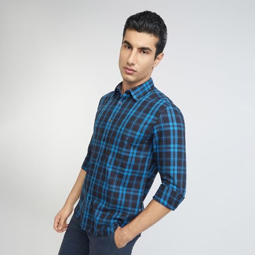Image of Parx Men's Pure Cotton Checks Pattern Slim Fit Semi Cutaway Collar Full Sleeve Casual Shirt