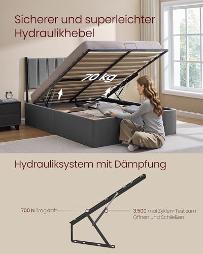 VASAGLE Bettgestell, Bettrahmen, Bett, 140 x 200 cm, klappbar Lattenrost, Unterbettaufbewahrung, Kopfteil, Hydrauliksystem, modern, einfache Montage, dunkelgrau RMB614G02