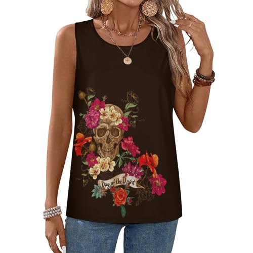 JiuPopular Camiseta sin mangas Cool Turtle para mujer, chaleco deportivo sin mangas, Floral Sugar Skull Día de los Muertos, XXL