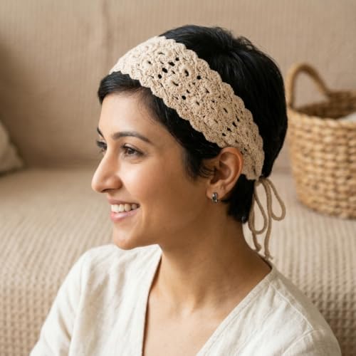 Image of MAYCREATE 3 Pack Crochet Headbands for Women Pretty Boho Knit Floral Hair Wrap with Adjustable Tie Up Design for Daily Wear Traveling and Parties Use